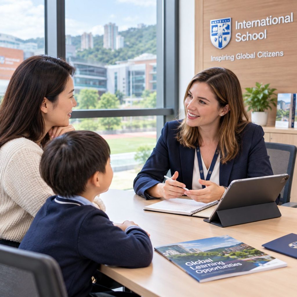 A education consultant discussing school application planning with a mother and her young daughter in a bright, modern office.